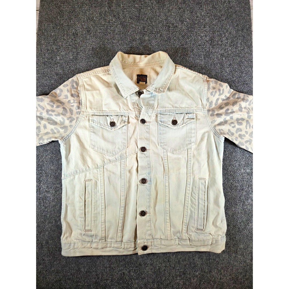 Volcom Womens L Denim Jacket Leopard Print Sleeves Light Wash Distressed Trucker